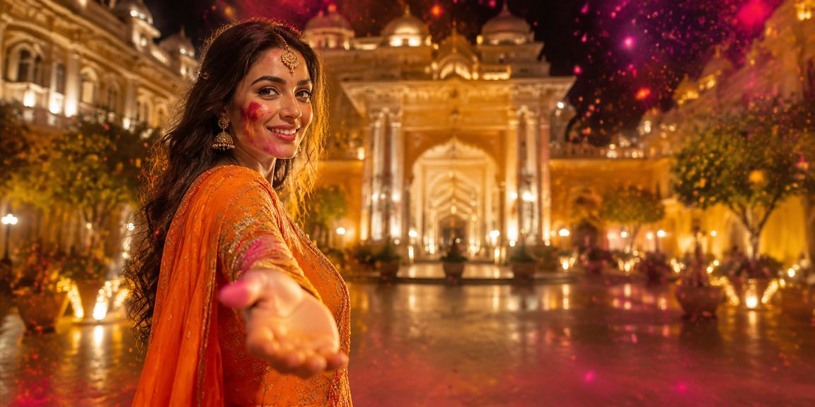 Colorful Holi festival celebration with a mobile betting experience in India