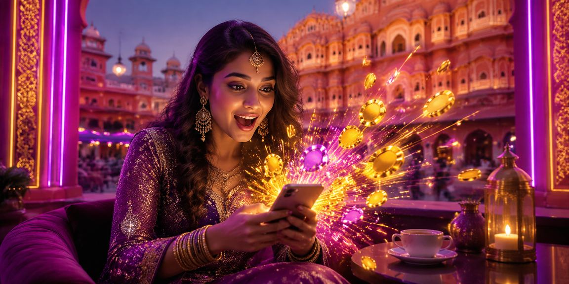 Mobile casino gaming in Jaipur with neon signs